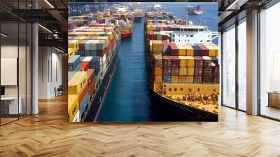 Cargo ships from the merchant navy lined up in a global port, their decks stacked with containers of all sizes. Wall mural