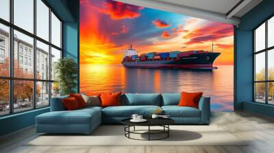 Merchant navy cargo ship sails through calm ocean waters, loaded with shipping containers, against a vibrant sunset sky. Wall mural