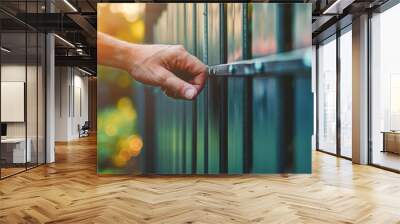 A close-up of a hand gently closing a green garden gate, surrounded by soft sunlight and lush greenery, evoking tranquility. Wall mural