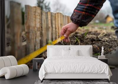 A gardener measures a wooden fence with a tape measure, ensuring precise placement in the garden. Wall mural