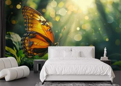 A giant butterfly resting on lush green leaves, illuminated by soft sunlight, creates serene and enchanting atmosphere. Wall mural