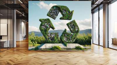 A massive recycling symbol made of unrecyclable materials stands prominently in lush landscape, symbolizing importance of sustainability and environmental awareness. Wall mural