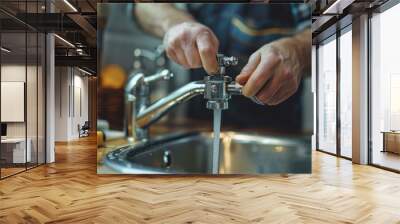 A person fixing a kitchen faucet, showcasing home repair skills and plumbing maintenance in a cozy kitchen setting. Wall mural