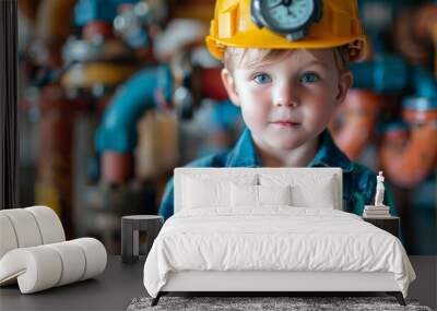 A young boy wearing a hard hat stands confidently among colorful pipes in a vibrant industrial setting. Wall mural