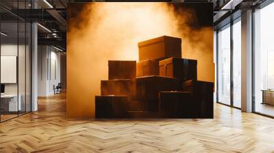 dramatic scene featuring stack of gift boxes surrounded by smoke and warm light, creating magical atmosphere. silhouette adds to mystery and excitement Wall mural