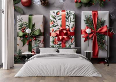 Festive gift boxes wrapped in elegant paper with vibrant ribbons and holiday decorations create a cheerful atmosphere. Wall mural