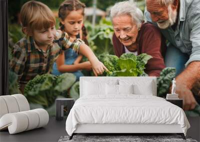 Grandparents teaching grandchildren how to tend vegetable garden, sharing joyful moments while exploring fresh greens together. bond of family and nature shines through Wall mural