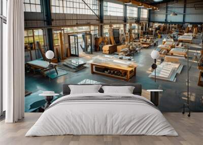 Industrial Workshop Interior With Stacks of Glass and Wood Panels, Sunbeams Streaming Through Windows. Wall mural