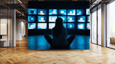 Person sitting in front of multiple screens displaying various work related visuals, creating sense of immersion and focus in dark environment Wall mural