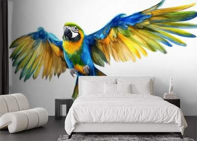 A cheerful parrot spreading its wings wide, showing off its bright blue, green, and yellow feathers as it takes off from a perch. Wall mural