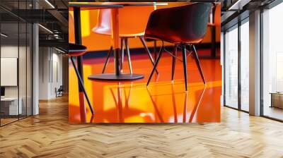 A close-up of modern chairs and tables in a cafe, the shiny orange floor reflecting vivid patterns and colors. Room at the bottom for design elements or captions. Wall mural