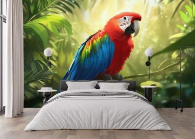 A cute, cheerful parrot perched on a shoulder, its vibrant red and blue feathers contrasting against the green jungle surroundings. Wall mural