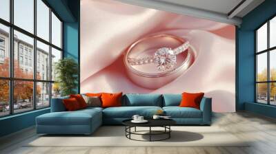 A diamond engagement ring and wedding band placed side by side on a silk fabric with soft lighting Wall mural