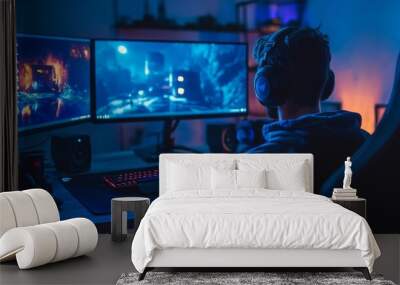 A gamer customizing their setup, arranging monitors and accessories on a modern gaming desk. Wall mural