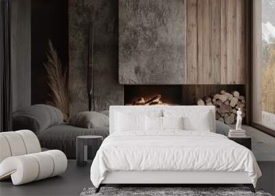 A grey daybed sofa near a rustic fireplace in a Scandinavian luxury living room, blending natural wood, stone, and modern design. Wall mural