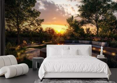 A serene backyard seating area with a circular fire pit, surrounded by garden lights and a breathtaking sunset in the distance. Wall mural