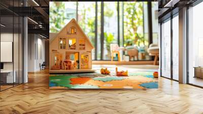 A townhouse toy set on a play mat, with a background of a cozy living room and large windows Wall mural