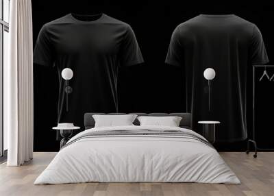 Blank black male T-shirt, both front and back views, ideal for use as a template for design or fashion presentations Wall mural