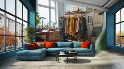 Bright and cozy studio apartment with a clothes rack, hanging trendy outfits, and stylish decor accents. Urban living vibes. Wall mural