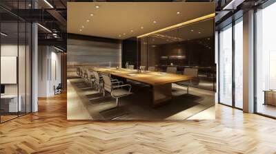 Clean and organized meeting room interior, with a wooden table and chairs arranged in a neat row. Wall mural