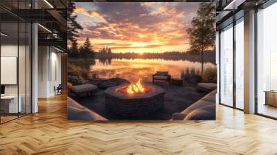 Comfortable outdoor seating arrangement with a fire pit, warm flames flickering, and a picturesque sunset reflecting on nearby water Wall mural