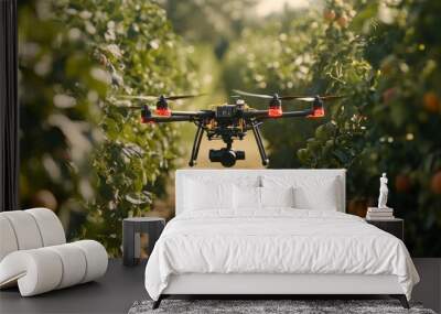 Drone equipped with thermal sensors flying over an orchard, autonomously tracking plant health. Wall mural