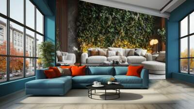 Elegant living room with a vibrant vertical green wall, a mix of modern and rustic elements, and soft lighting. Wall mural