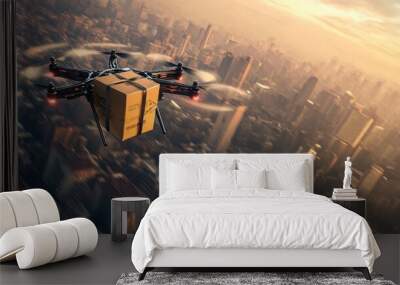 High-tech drone with a cargo box flying over an urban area, delivering a package at high speed. Wall mural