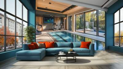 Home gym with exercise machines and a serene spa pool, with contemporary decor enhancing relaxation. Wall mural