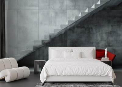 Loft interior design with a bold red sofa and vibrant pillows, situated under a minimalist staircase, highlighting the beauty of a concrete wall. Wall mural