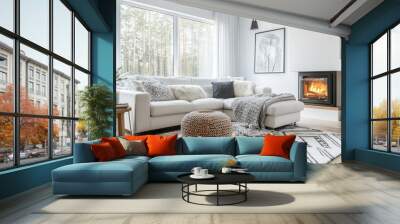 Modern Scandinavian living room featuring a white corner sofa near fireplace, decorated with simple geometric patterns and neutral hues Wall mural