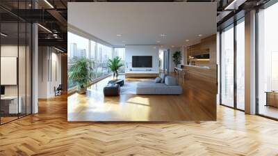 Modern studio apartment captured in 360 equirectangular style, with large clear windows filling the space with natural light. Wall mural