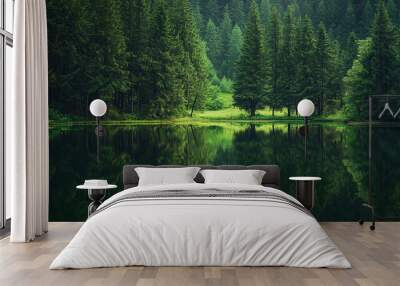 Peaceful forest lake with a mirror-like reflection of towering trees on its surface Wall mural