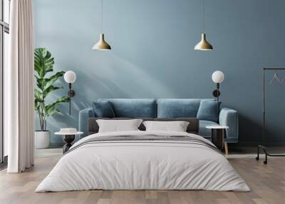 Scandinavian-inspired living room with a blue sofa, pendant lights, and a clean, light gray wall backdrop Wall mural