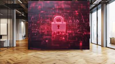 System hacked alert with a red broken padlock, surrounded by digital matrix codes. Cybersecurity breach concept, indicating internet security risks. Wall mural