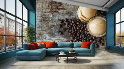 Two scoops of creamy gelato paired with coffee beans and a glass of espresso, placed on a rustic wooden table with ample space for text. Wall mural