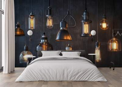 Variety of industrial-style hanging lamps with exposed bulbs and metallic details, ready for use in creative design projects Wall mural