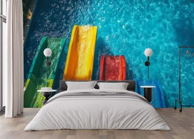 Vibrant water slides in a colorful set of four, all ending in a cool blue pool, perfect scene for a fun summer day Wall mural