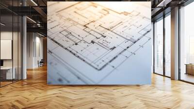 Zoomed-in view of a residential floor plan with labeled rooms, structural markings, and clear measurements, with space for text at the bottom. Wall mural