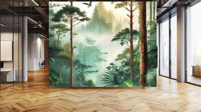 Beautiful hand drawn watercolor of a tropical jungle Wall mural