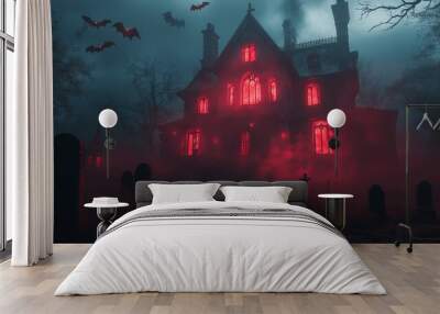 A Haunted Mansion Glowing Red in the Night Wall mural