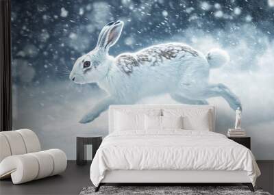 A White Rabbit Leaping Through Snow Flurries Wall mural