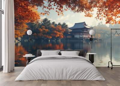 Autumnal Japanese Temple on a Calm Lake Wall mural