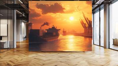 Cargo Ship Leaving Port at Sunset Wall mural