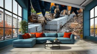 Close-up of construction worker's hands laying concrete blocks Wall mural