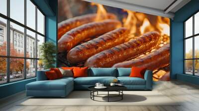 Close-up of Grilled Sausages Over a Blazing Grill Wall mural