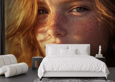 Close-up portrait of a freckled woman with red hair, captured in soft, warm light. Wall mural