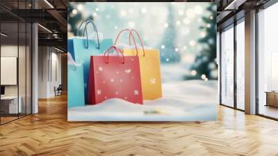 Colorful Gift Bags in a Snowy Winter Wonderland Wall mural