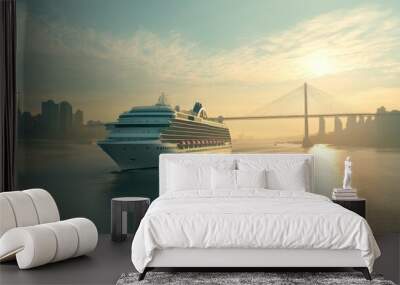 Cruise Ship Sailing Past a Bridge at Sunset in a City Wall mural