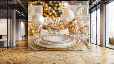 Elegant Christmas Table Setting with Gold Accents and Ornaments Wall mural